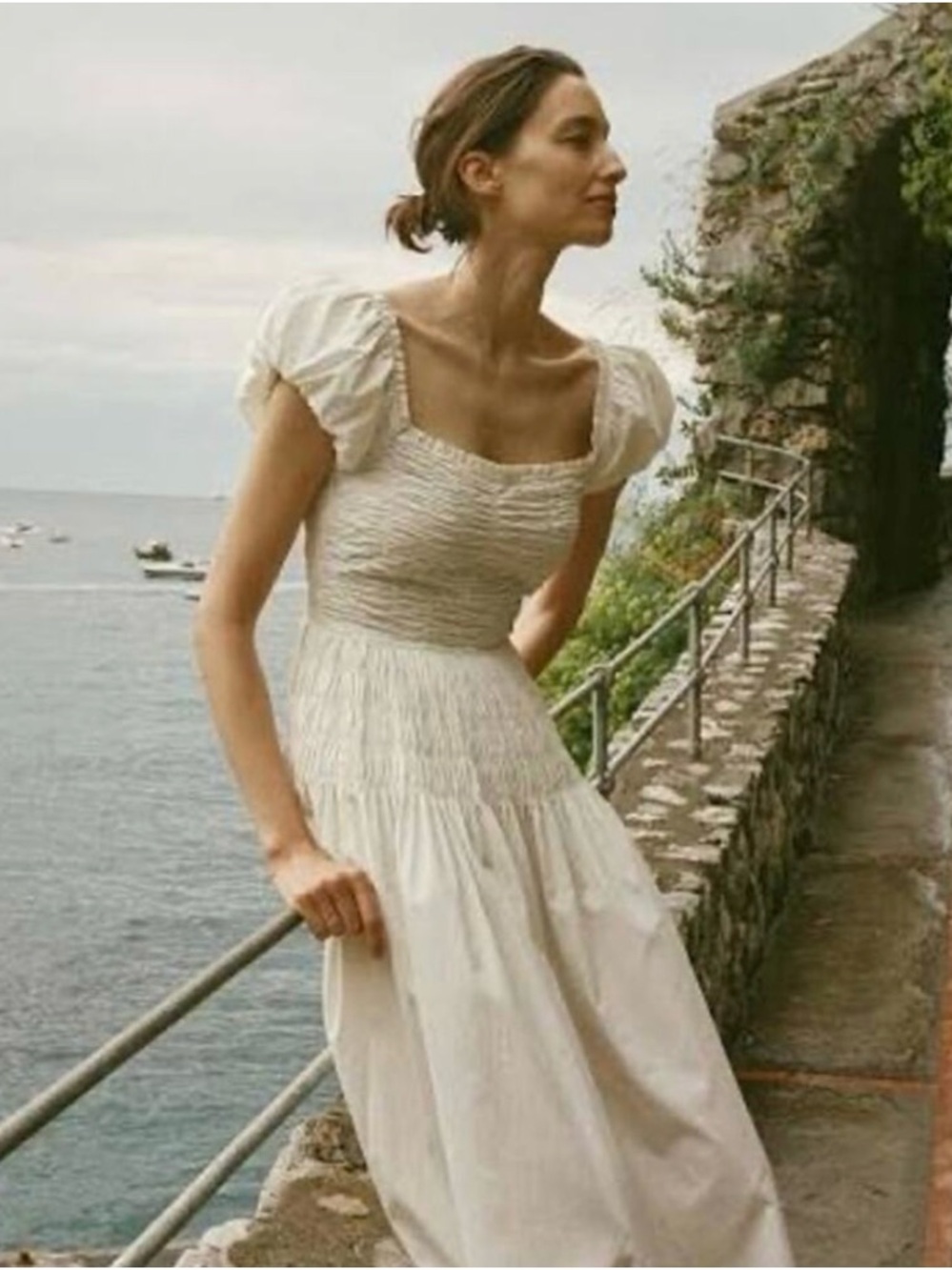 Doen Cream Smocked Puff-Sleeve Maxi Dress